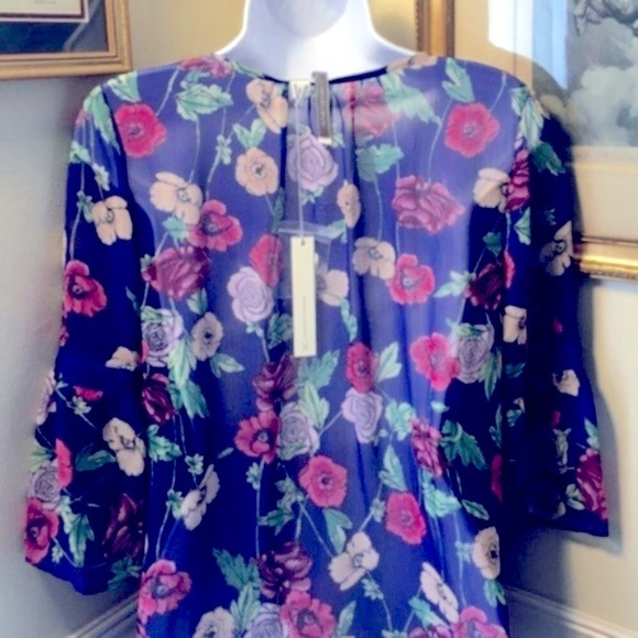 LC Lauren Conrad Womens Boho Blue Floral Chiffon Bell Sleeve Blouse Sz S New - Picture 4 of 7
